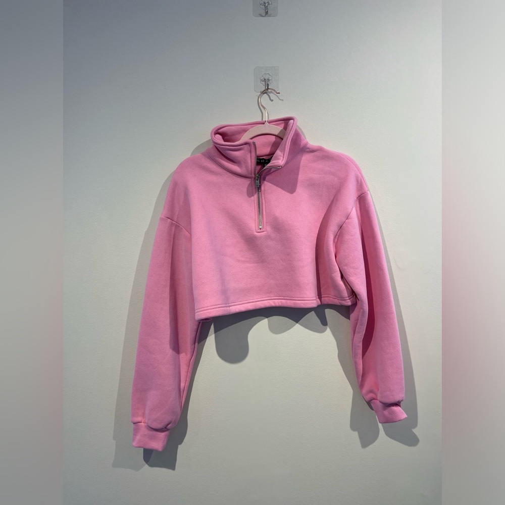 Shaci - Baby Pink Cropped Long Sleeve Quarter Zip Athletic Sweatshirt - M